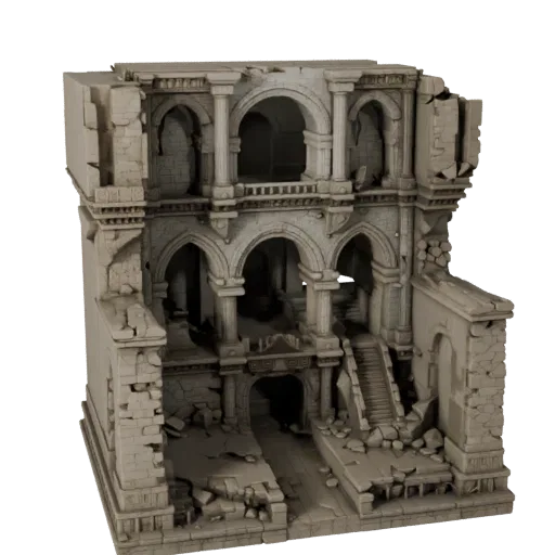 Buried City Gateway Realistic 3D model, three-quarter environment render, showing aged stone, built remnants.