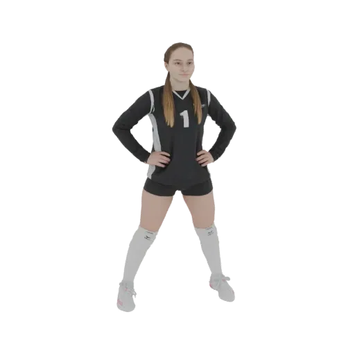 3D model of a female volleyball player in a ready stance, wearing a black and white uniform, with hands on hips.