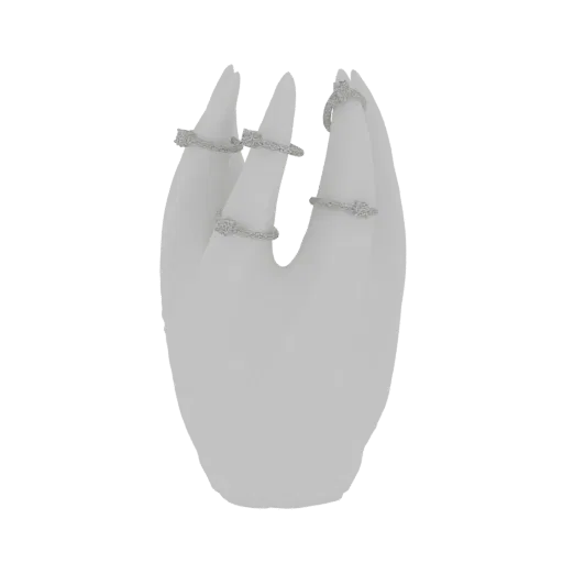 Modèle 3D d'une main blanche avec des bagues à chaque doigt, présentant des accents diamantés sur les bagues.