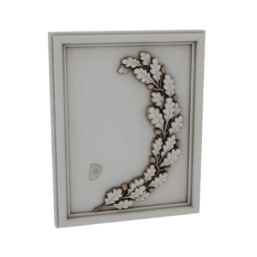 3D render of a decorative plaque featuring a detailed oak leaf wreath relief against a plain background.