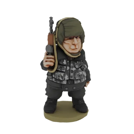 3D model of a chibi soldier with a rifle, wearing a helmet and camouflage vest, standing on a base.