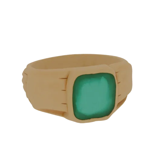 3D model of a gold ring with a square-cut emerald gemstone, presented on a white background.