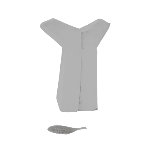 A 3D render of a stylized grey 'Y' symbol with a separate base, presented on a black background.