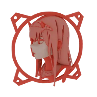 3D-Modell des Anime-Charakters Zero Two, in Rot dargestellt, eingerahmt von einem kreisförmigen Emblem mit scharfen Akzenten.