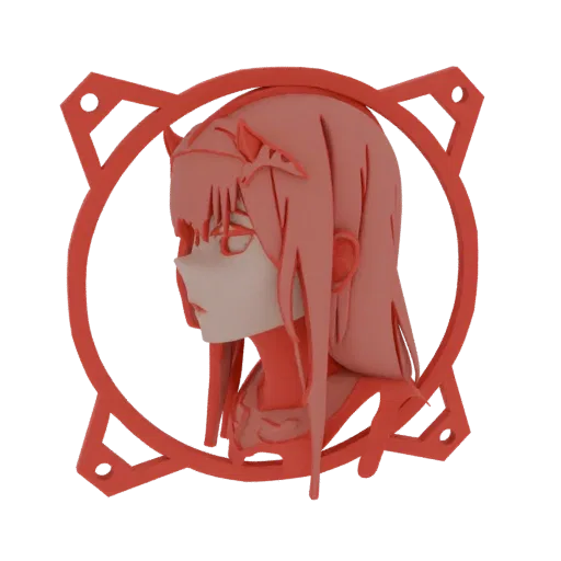 3D-Modell des Anime-Charakters Zero Two, in Rot dargestellt, eingerahmt von einem kreisförmigen Emblem mit scharfen Akzenten.