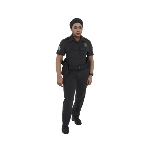 3D model of a female police officer in a dark uniform, standing with hands at her sides.
