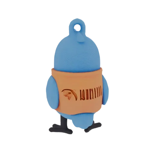3D model of a blue bird with an orange vest, designed as a USB drive, shown against a white background.
