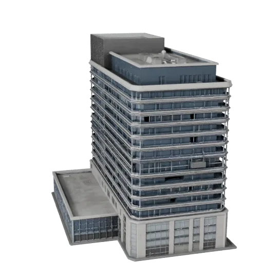 Office Block Unity-ready 3D model, Unity engine viewport, showing commercial office building materials and architectural deta