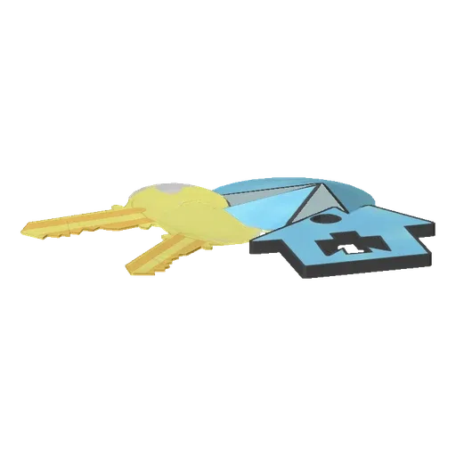 3D render of a house key charm with a heart and house shape, isolated on a black background.