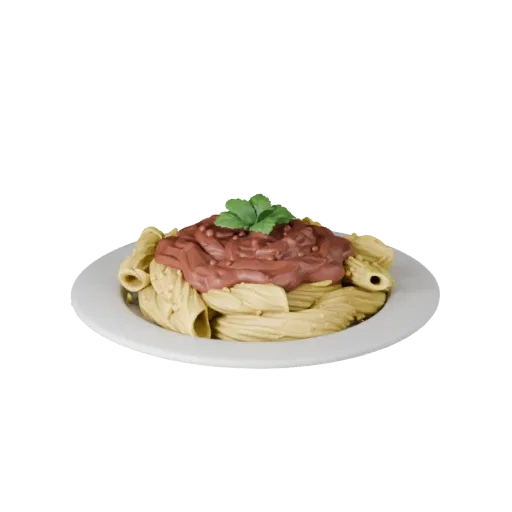 Homestyle Pasta Plate 3D model, three-quarter front view, Unity viewport, showing sauces, plated composition.
