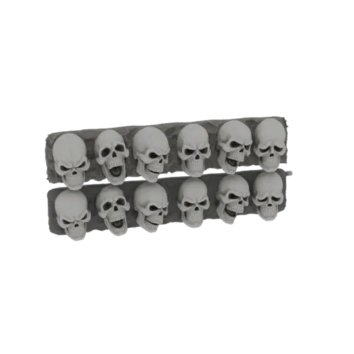 Modello 3D di dodici teschi bianchi disposti su una base di pietra grigia, presentato su sfondo nero.