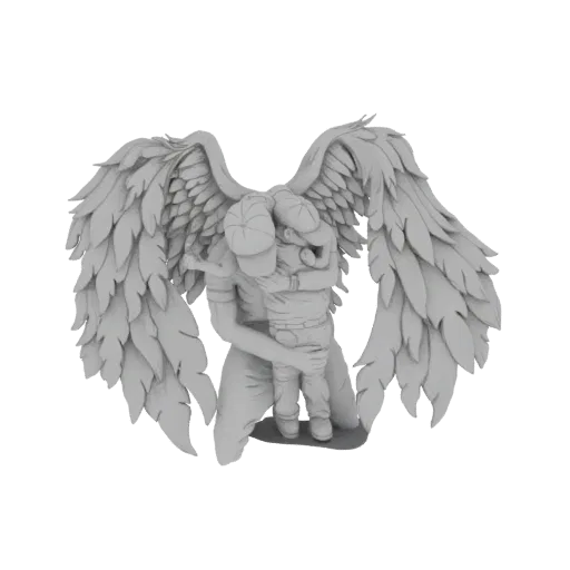 3D model of a grey sculpture depicting an angel with large wings kneeling and embracing a child.