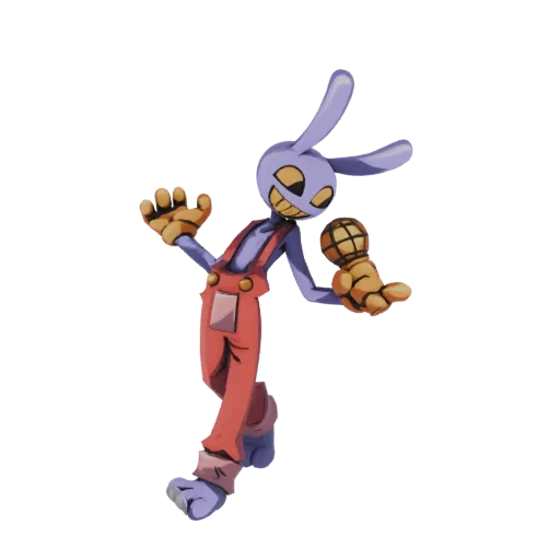 3D model of a purple bunny character with a wide grin, wearing red overalls and holding a microphone.
