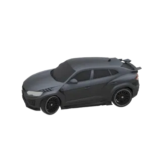 Un modelo 3D de un SUV coupé agresivo gris oscuro con diseño deportivo y ruedas grandes, presentado sobre un fondo blanco.