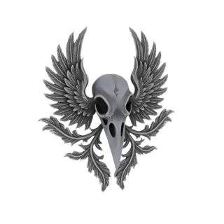 Modelo 3D de um crânio de corvo cinza com asas estendidas e folhagem ornamentada, apresentado sobre um fundo branco.