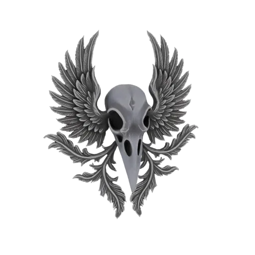 Modèle 3D d'un crâne de corbeau gris avec des ailes déployées et un feuillage orné, présenté sur fond blanc.