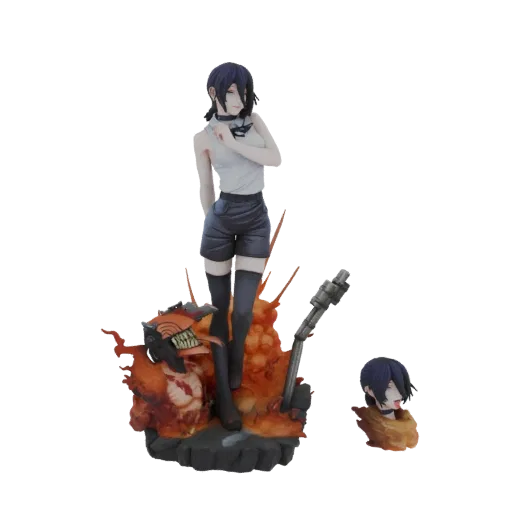 3D model of Reze from Chainsaw Man, standing dynamically amidst fiery explosions with a chainsaw head accessory.