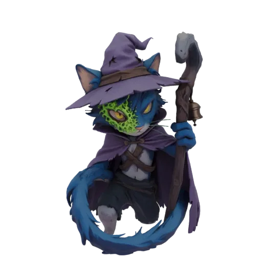 Rendering del modello 3D di un gatto blu con logoro cappello da mago viola e mantello, che impugna un bastone magico.