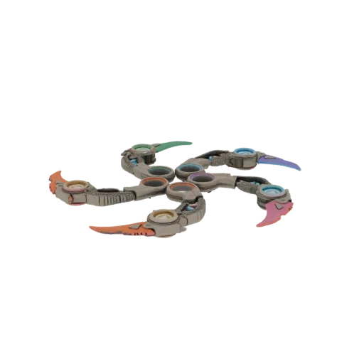 3D model of a futuristic spinner toy with multiple metallic blades and colorful accents, set against a black background.