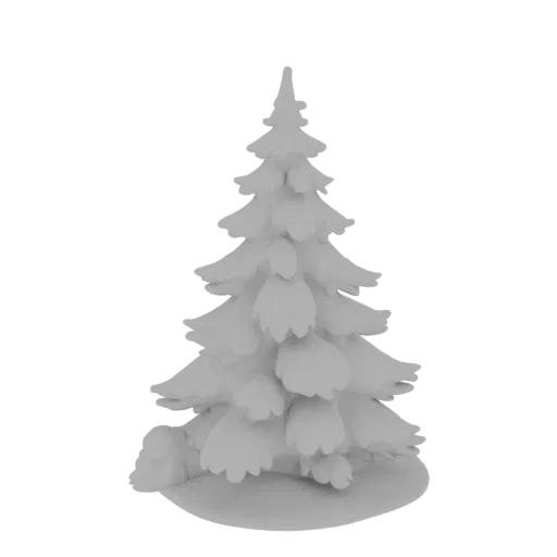 A 3D render of a stylized, light gray Christmas tree with layered branches and a snow-covered base, set against a white backg