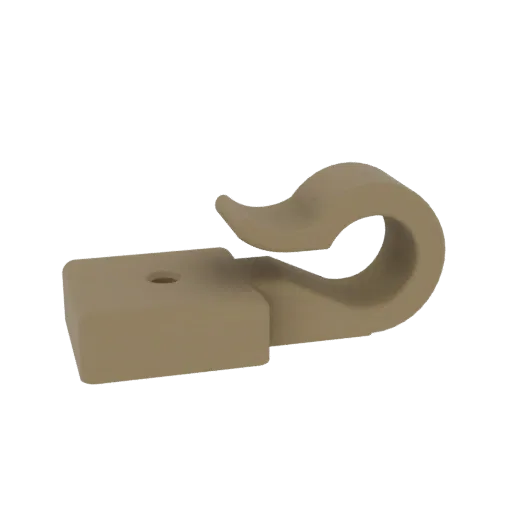 A 3D render of a beige plastic hook clip with a rectangular base and a curved hook.