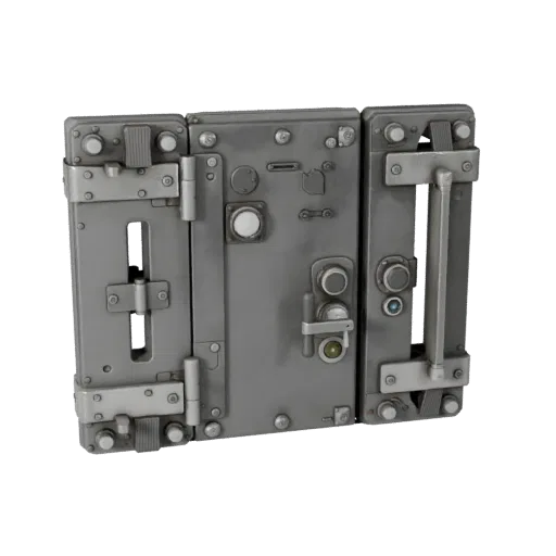 Industrial Locked Door Panel Realistic 3D model, three-quarter studio render, showing metal hinges, form detail.