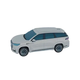 Un modelo 3D de un familiar SUV blanco con ventanas tintadas y llantas de aleación detalladas, presentado sobre un fondo blan