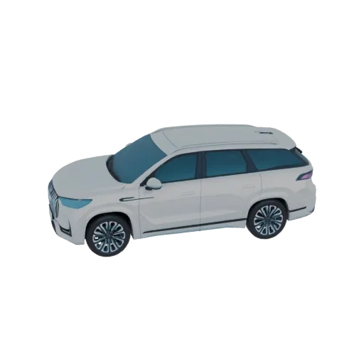 Um modelo 3D de uma station wagon SUV branca com janelas com película e rodas de liga leve detalhadas, apresentado sobre um f