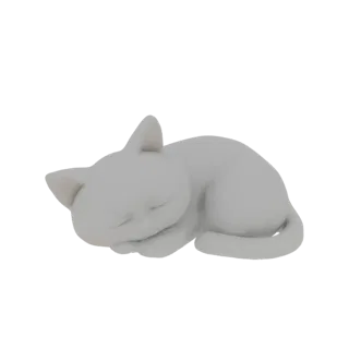 Ein 3D-Rendering einer glatten, hellgrauen Miniaturkatze, die friedlich schläft und auf der Seite eingerollt ist.