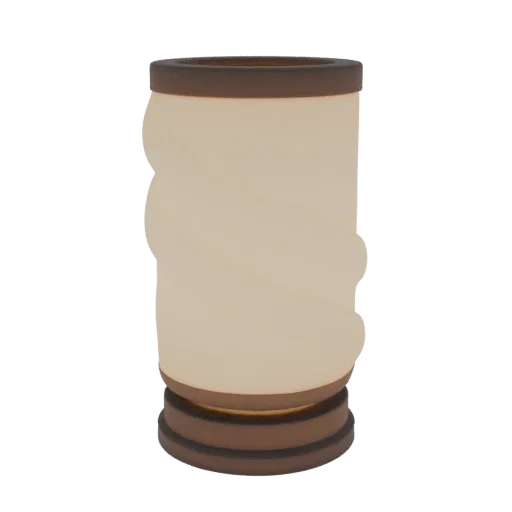 Modèle 3D corps de lampe cylindrique voile torsadée, avec base marron et abat-jour dépoli.