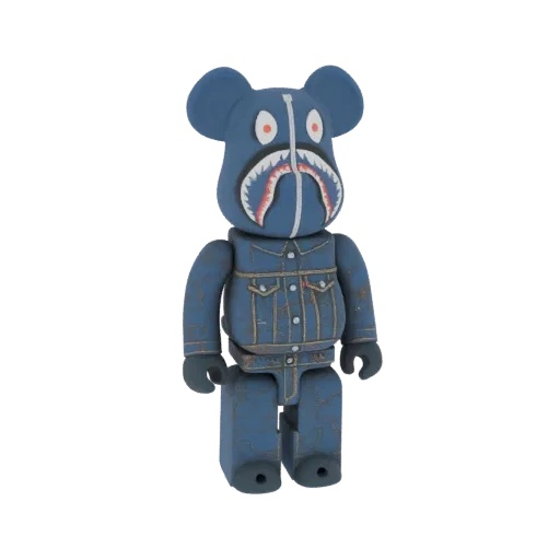 3D model of a blue denim Bearbrick toy featuring a shark mouth graphic on its head and denim jacket details.