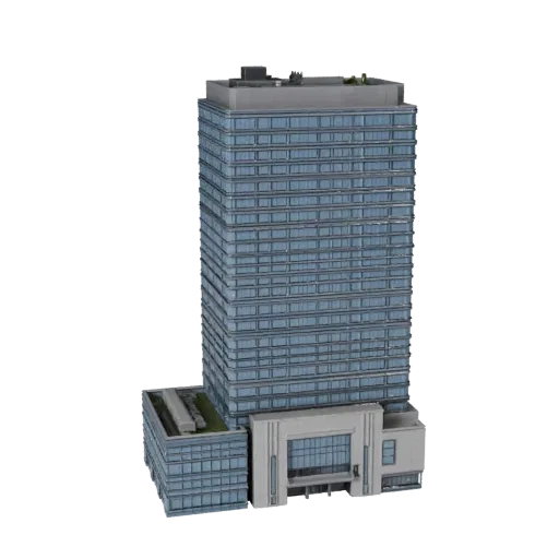 Futuristic Skyscraper realistic 3D model, three-quarter exterior view, showing commercial office building materials and architectural detail