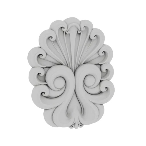 3D model of a white Baroque acanthus scroll ornament with symmetrical volutes and leaf patterns.