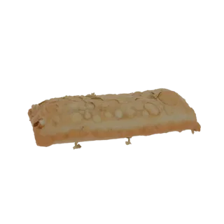 A realistic 3D model of a golden-brown almond croissant topped with sliced almonds, presented on a white background.