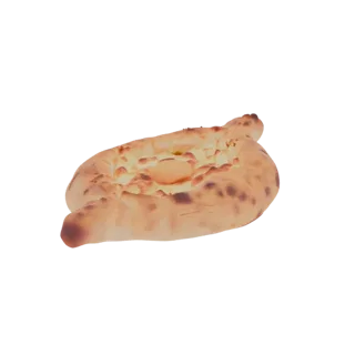 Modèle 3D de Khachapuri Adjaruli, un pain géorgien en forme de bateau garni de fromage fondu et d'un jaune d'œuf cru, sur fon