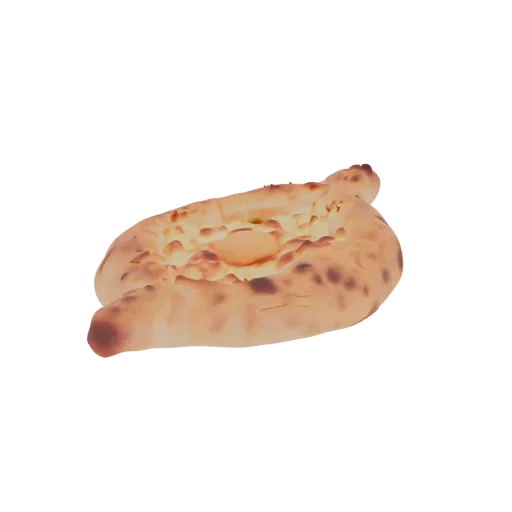 3D model of Adjaruli Khachapuri, a boat-shaped Georgian bread filled with melted cheese and a raw egg yolk, on a white backgr