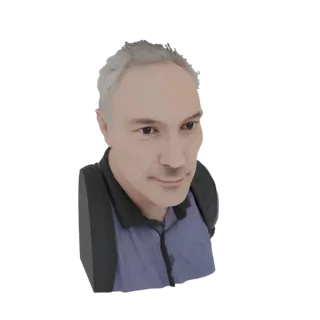 3D-Modell-Rendering einer Büste eines Mannes mittleren Alters mit grau werdendem Haar, trägt ein lila Poloshirt, blickt leich