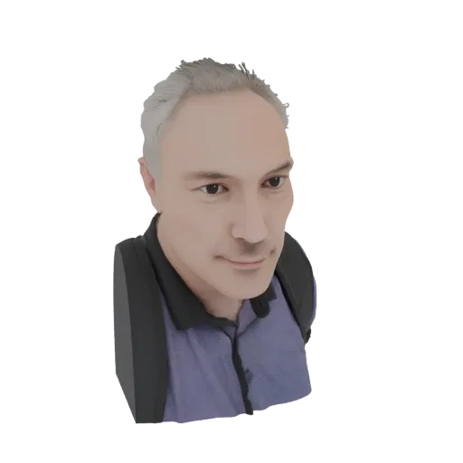 3D-Modell-Rendering einer Büste eines Mannes mittleren Alters mit grau werdendem Haar, trägt ein lila Poloshirt, blickt leich