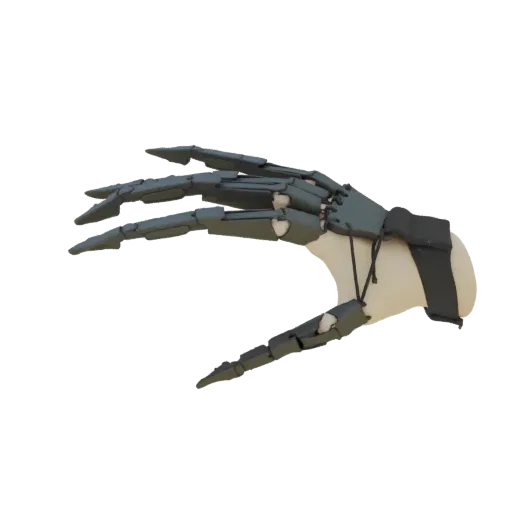 A 3D render of a detailed, articulated robotic hand prosthetic with segmented fingers and a wrist strap, presented against a