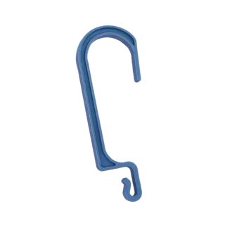 3D model render of a blue plastic S-hook with a secondary hook, shown against a white background.