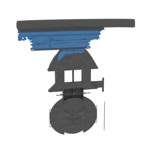 3D model of a futuristic industrial gate valve with visible gears and pipes, rendered against a black background.