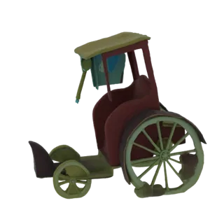 Un rendu 3D d'un rickshaw fantaisiste avec un corps rouge, des roues vertes et un auvent jaune, sur fond blanc.