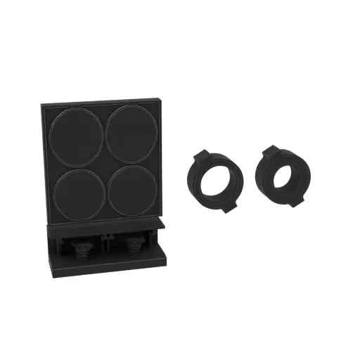 3D model of a black waffle maker with four circular cooking plates and two separate ring accessories, set against a black bac