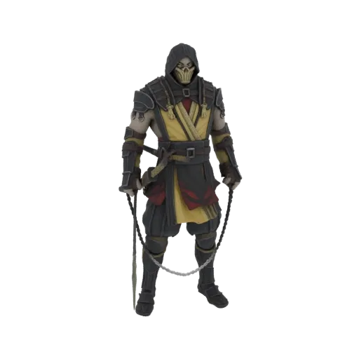 3D-Modell von Scorpion aus Mortal Kombat 11, in kampfbereiter Pose mit seinem Kunai-Speer und Kette.
