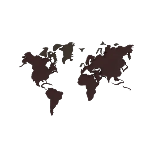 3D model of a dark world map silhouette, showing continents in a deep brown color against a white background.