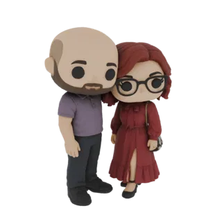 3D-Modell eines niedlichen Chibi-Paares in Umarmung, der Mann in lila Hemd, die Frau im roten Kleid.
