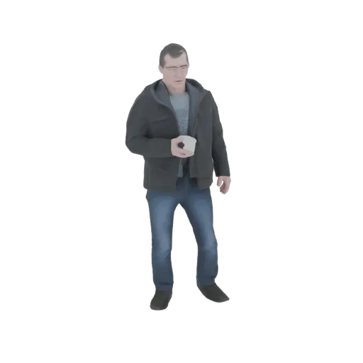 Modello 3D di un uomo con giacca scura e jeans blu, che tiene una tazza di caffè bianca, in piedi su sfondo bianco.