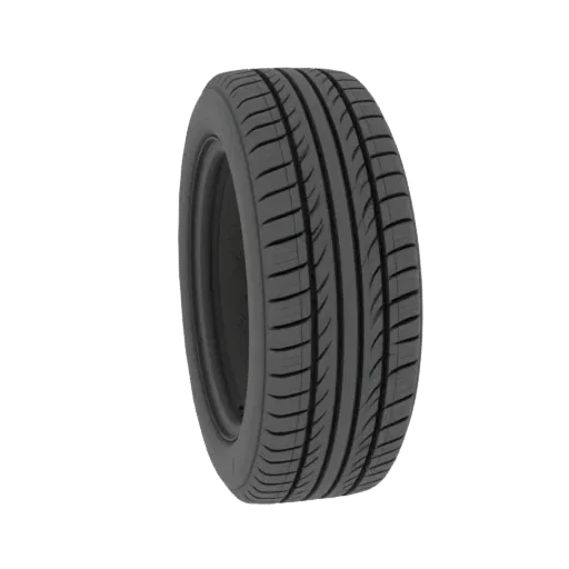A 3D model of a modern passenger car tire with a detailed tread pattern, shown against a black background.