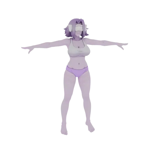 Modello 3D di ragazza anime viola con reggiseno sportivo bianco e mutandine lavanda, in piedi con le braccia tese.