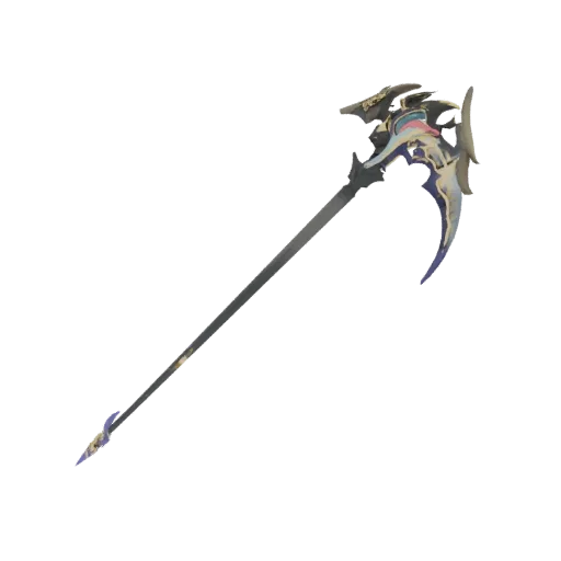 3D model of an ornate scythe with a curved blade and intricate, multi-colored detailing on the headpiece.